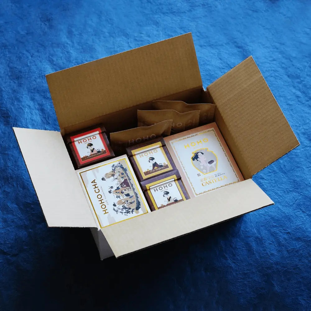 Hoho Hojicha tea and sweets in a box ready to ship